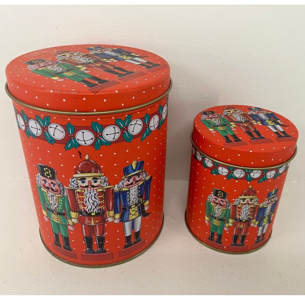 Christmas Nutcracker Red Nesting Metal Cookie Tin Holiday Trinket Storage Setof2